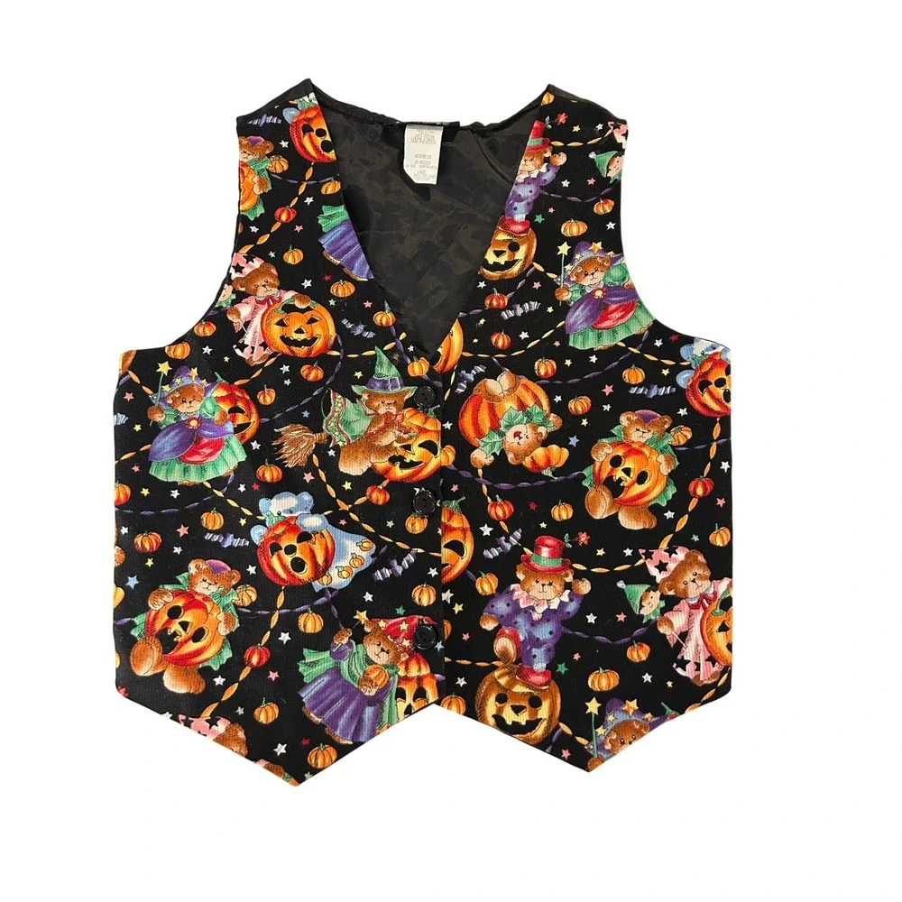 Vintage Halloween Vest Kids Large Black Corduroy Bear Pumpkin Retro Fall